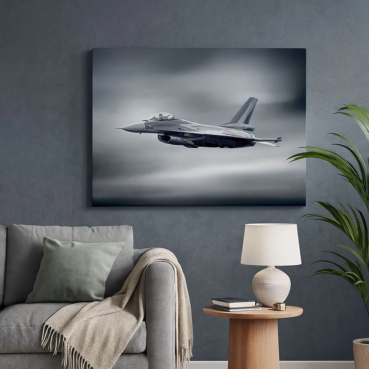 Bild auf Leinwand - Leinwandbild - Ein Kampfjet im Flug vor einem bewölkten Himmel - 70x50cm - Wirst du herausfordern? - Moderne Wanddekoration für Wohnzimmer und Schlafzimmer ARTTOR