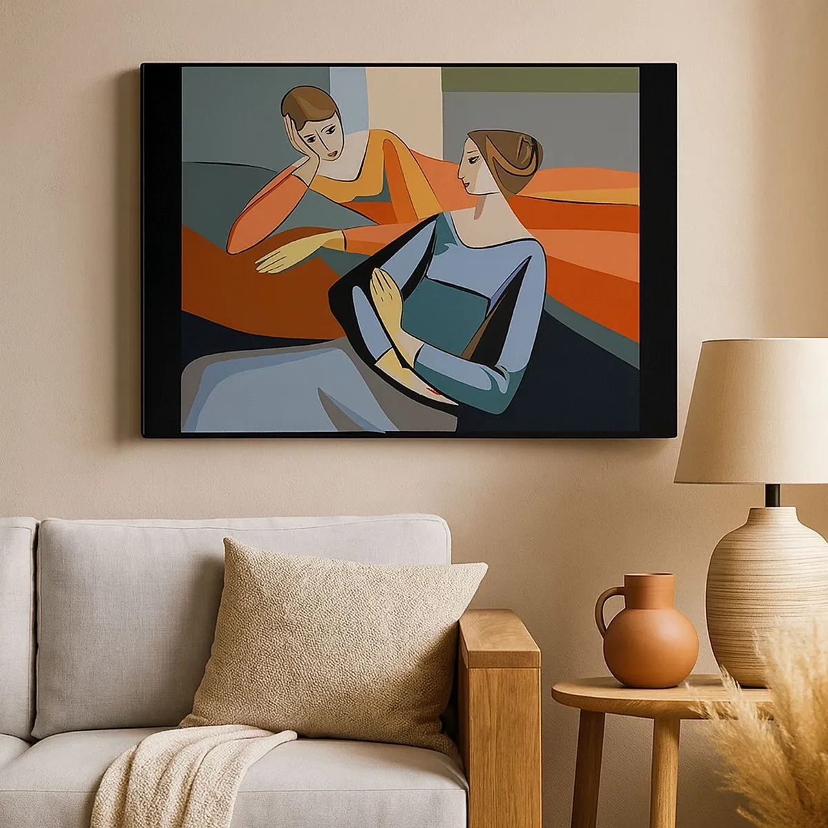 Bild auf Leinwand - Leinwandbild - Abstrakte Darstellung zweier Frauen im kubistischen Stil - 70x50cm - Moment der Zuversicht - Moderne Wanddekoration für Wohnzimmer und Schlafzimmer ARTTOR
