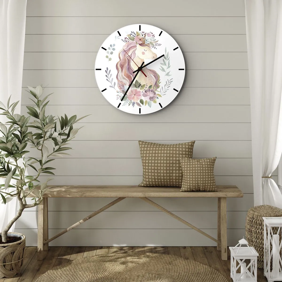 Wanduhr - Glasuhr - Aquarell Einhornkopf mit Blumenkrone - 30x30cm - Eine Einladung in die Welt der Märchen - Moderne Wanddekoration für Wohnzimmer, Küche und Schlafzimmer ARTTOR
