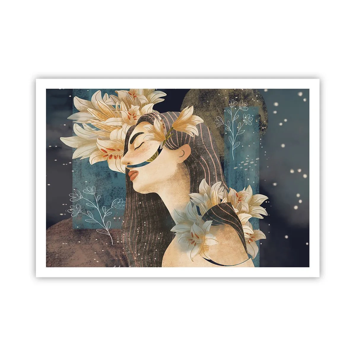 Poster - Porträt einer Frau mit Blumen im künstlerischen Stil auf dunklem Hintergrund - 100x70cm - Ein Märchen über eine Prinzessin mit Lilien - Moderne Wanddekoration für Wohnzimmer und Schlafzimmer ARTTOR