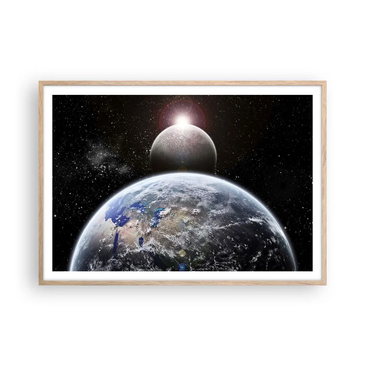 Poster in einem Rahmen aus heller Eiche - Weltraumlandschaft - Sonnenaufgang - 100x70 cm