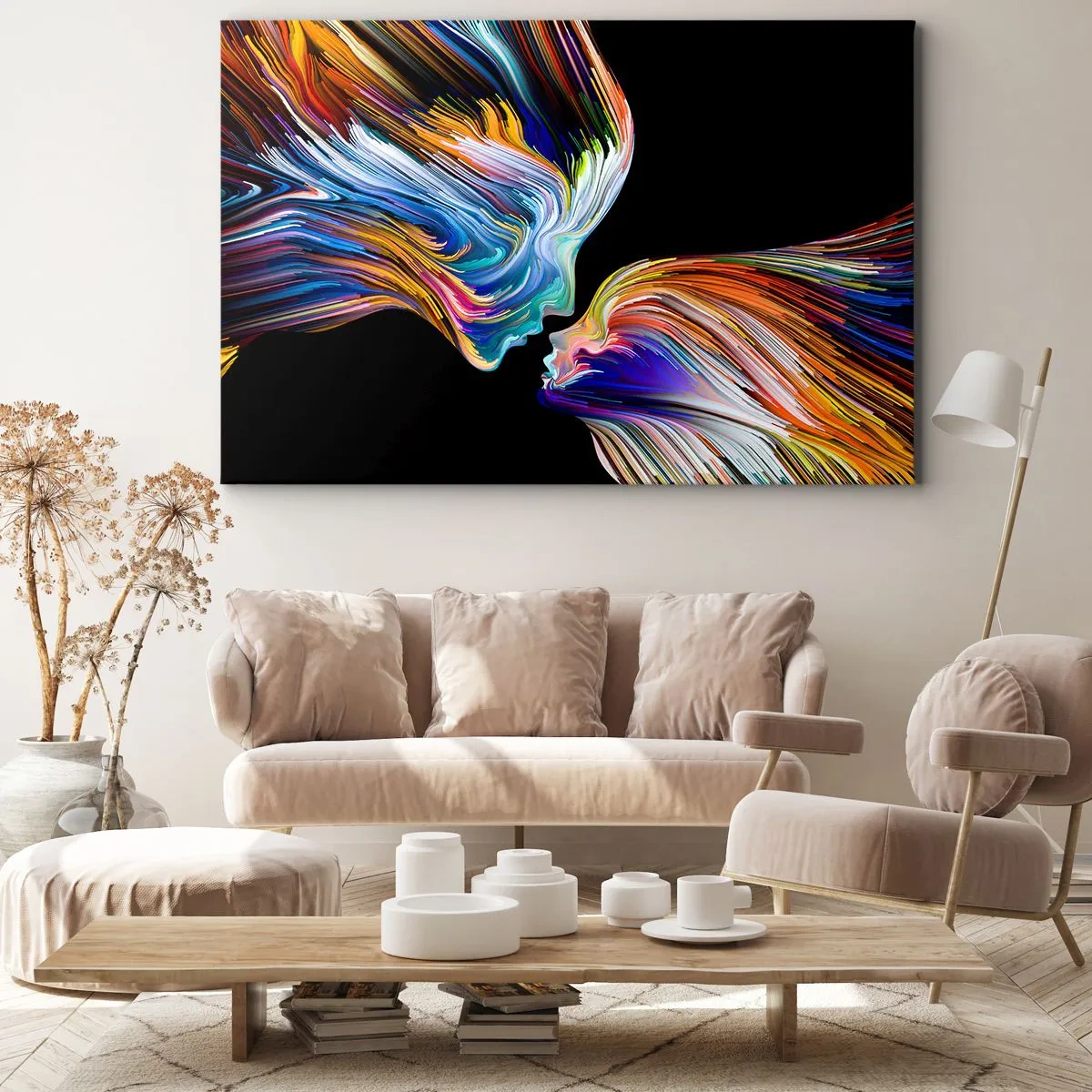 Bild auf Leinwand - Leinwandbild - Bunte Silhouetten von Gesichtern in dynamischen Strömen auf schwarzem Hintergrund - 120x80cm - Eine Verschmelzung von Energie und Licht - Moderne Wanddekoration für Wohnzimmer und Schlafzimmer ARTTOR