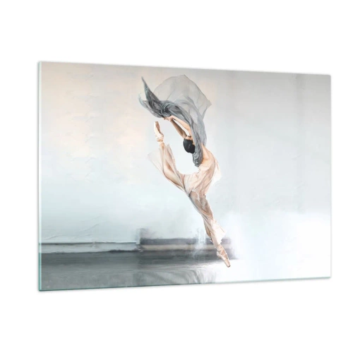 Glasbild - Bild auf glas - Eine Ballerina vollführt einen dynamischen Sprung im sanften Licht. - 120x80cm - Im Tanzrausch - Moderne Wanddekoration für Wohnzimmer und Schlafzimmer ARTTOR
