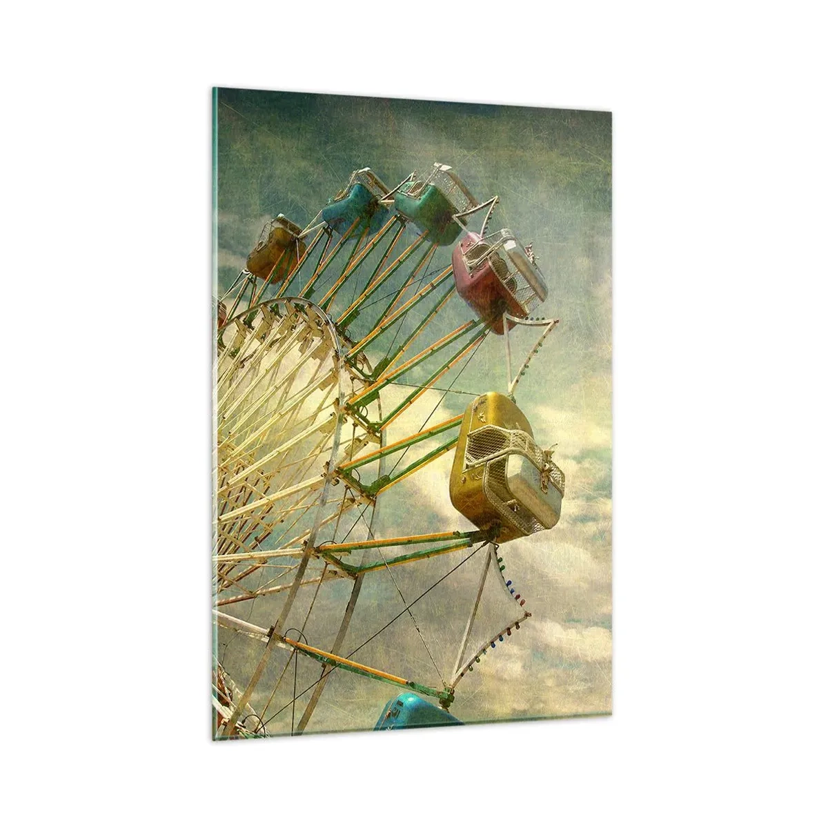 Glasbild - Bild auf glas - Retro-Foto von einem Riesenrad mit Palmen gegen den Himmel - 80x120cm - Es wird Spaß geben ... - Moderne Wanddekoration für Wohnzimmer und Schlafzimmer ARTTOR