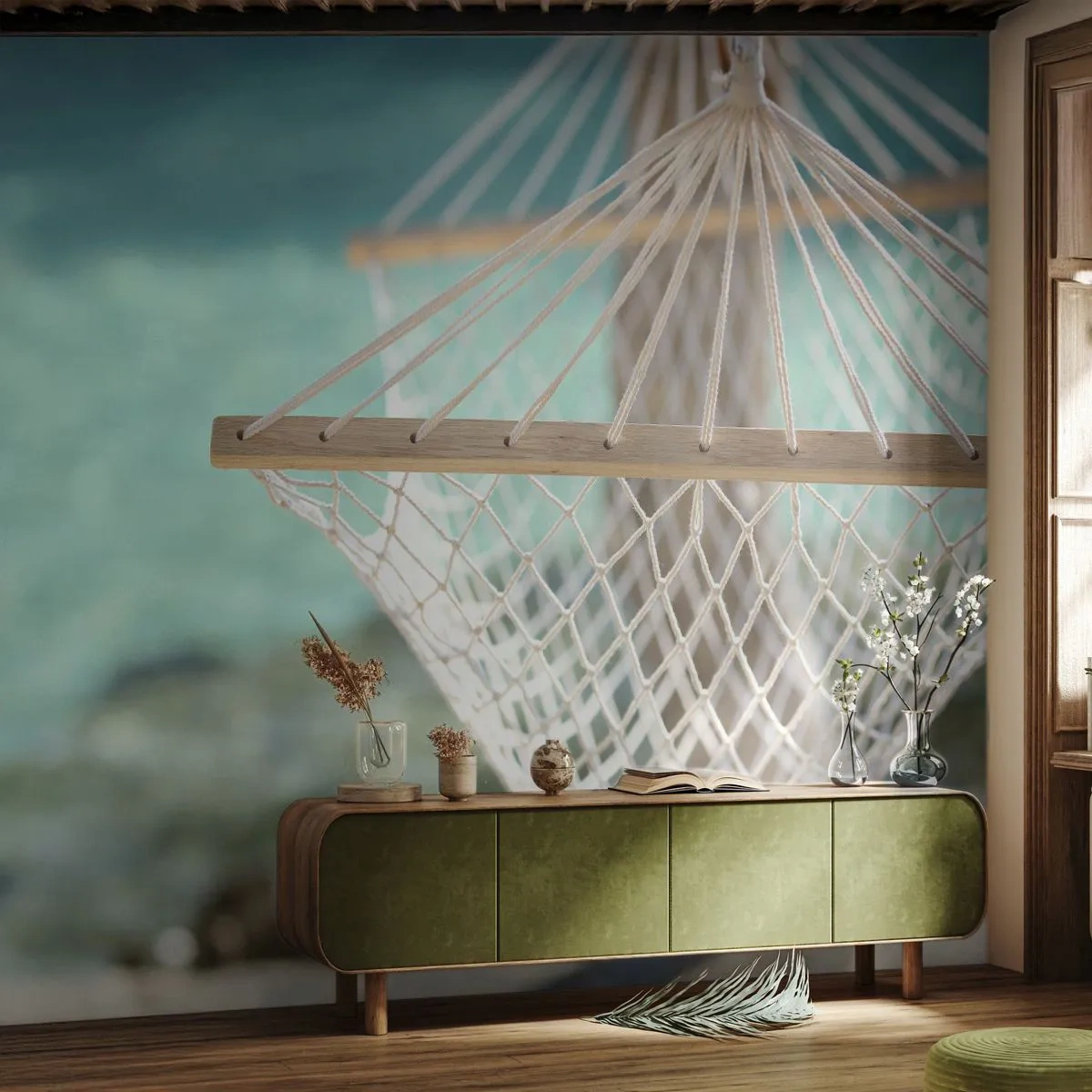 Fototapete Premium Sand - Zeit zum Entspannen - Hängematte, Strand, Reisen - 200x140 cm