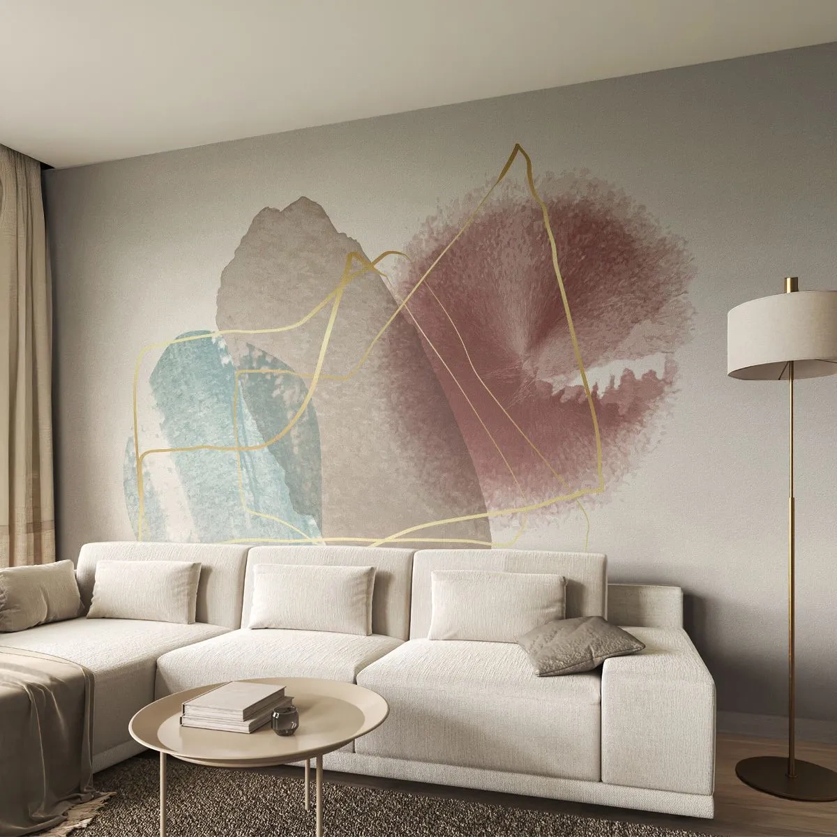Fototapete Premium Sand - Bunte Aquarellspritzer, verbunden durch goldene Linien - 100x70cm - Korallen des Weltraums - Moderne Wanddekoration für Wohnzimmer und Schlafzimmer ARTTOR