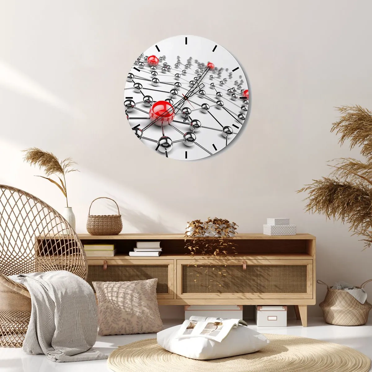 Wanduhr - Glasuhr - Molekulare Struktur mit roten Akzenten auf weißem Hintergrund - 30x30cm - Silbriges Netz - Moderne Wanddekoration für Wohnzimmer, Küche und Schlafzimmer ARTTOR