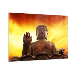 Glasbild - Bild auf glas - Eine Buddha-Statue vor dem Hintergrund eines goldenen Sonnenuntergangs - 100x70cm - Frieden der Welt - Moderne Wanddekoration für Wohnzimmer und Schlafzimmer ARTTOR