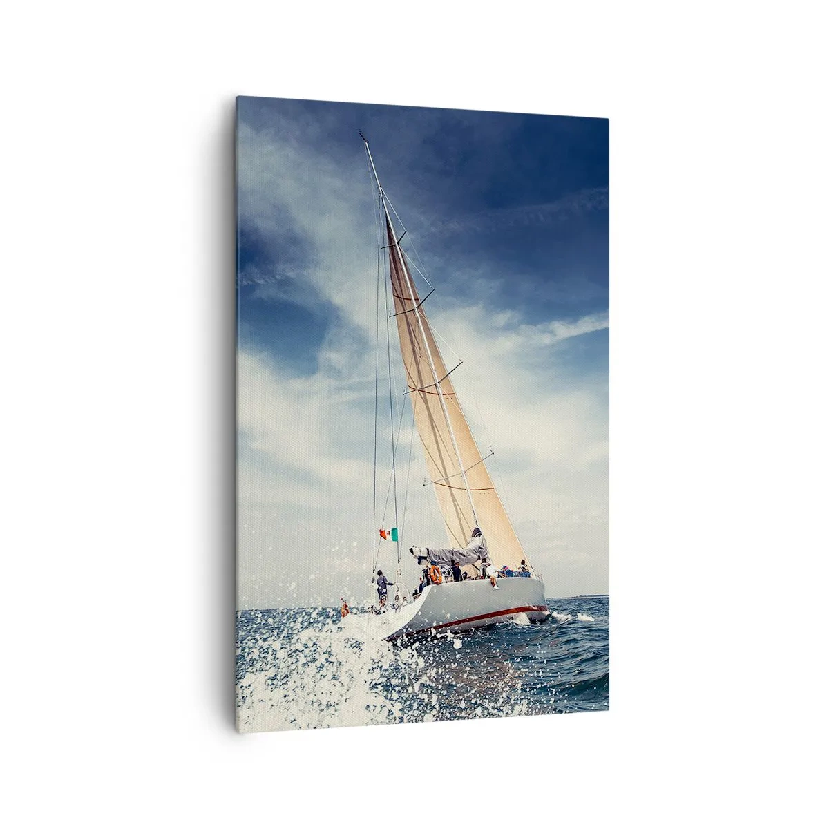 Bild auf Leinwand - Leinwandbild - Ein Segelboot auf stürmischer See unter blauem Himmel - 80x120cm - Sie werden uns nicht einholen! - Moderne Wanddekoration für Wohnzimmer und Schlafzimmer ARTTOR