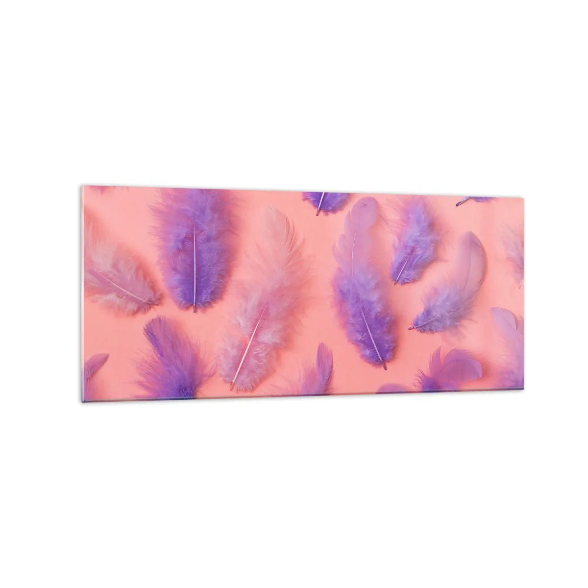 Glasbild - Bild auf glas - Lila und rosa Federn auf pastellfarbenem Hintergrund - 120x50cm - Lila Vogel der Begierde - Moderne Wanddekoration für Wohnzimmer und Schlafzimmer ARTTOR