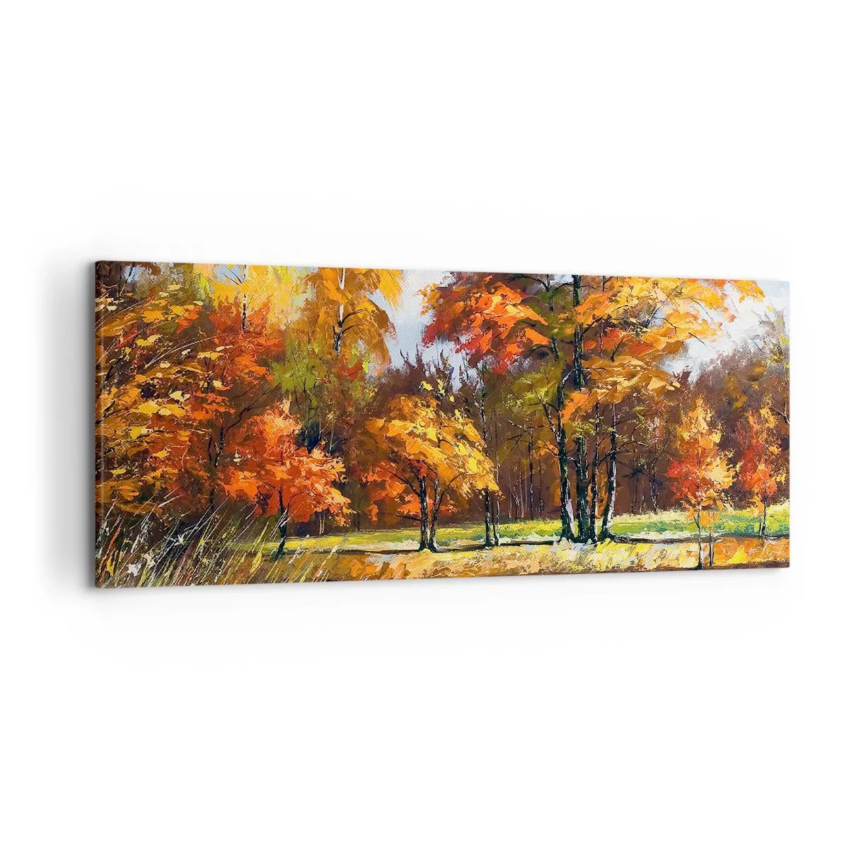 Bild auf Leinwand - Leinwandbild - Herbstlandschaft mit bunten Bäumen und einem Teich - 120x50cm - Landschaft in Gold und Bronze - Moderne Wanddekoration für Wohnzimmer und Schlafzimmer ARTTOR