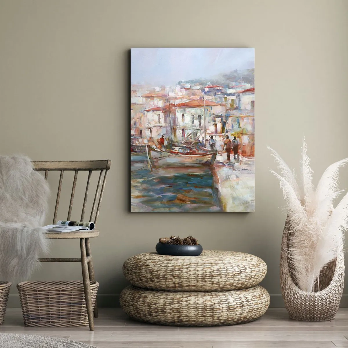 Bild auf Leinwand - Leinwandbild - Hafenimpression mit Booten und Gebäuden - 50x70cm - Pastell-Sommerferien - Moderne Wanddekoration für Wohnzimmer und Schlafzimmer ARTTOR