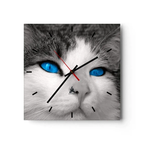 Wanduhr - Glasuhr - Porträt einer Katze mit blauen Augen im Schwarz-Weiß-Stil - 30x30cm - Ungewöhnlich blauäugig - Moderne Wanddekoration für Wohnzimmer und Schlafzimmer ARTTOR
