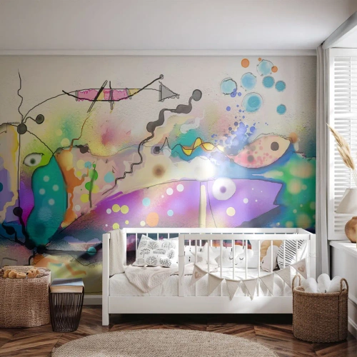 Fototapete Premium Sand - Bunte Abstraktion mit surrealen Fischen und Linien - 100x70cm - Es fehlen die Worte! - Moderne Wanddekoration für Wohnzimmer und Schlafzimmer ARTTOR