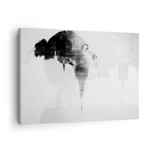 Bild auf Leinwand - Leinwandbild - Porträt einer Frau mit den Umrissen einer Stadt im Hintergrund, schwarz-weiße Farben - 70x50cm - Auf beiden Seiten des Glases - Moderne Wanddekoration für Wohnzimmer und Schlafzimmer ARTTOR