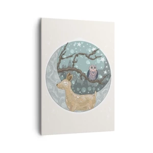 Bild auf Leinwand - Leinwandbild - Ein Reh und eine Eule in einer märchenhaften Nachtlandschaft - 50x70cm - Eine märchenhafte Waldnacht - Moderne Wanddekoration für Wohnzimmer und Schlafzimmer ARTTOR
