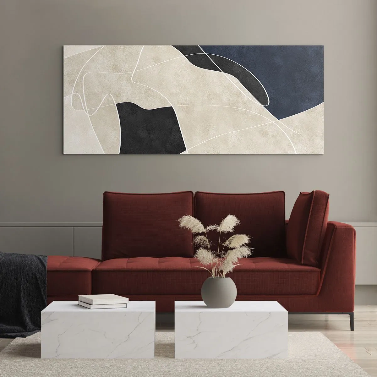 Glasbild - Bild auf glas - Geometrische Abstraktion in Beige- und Marineblautönen - 160x50cm - Abstrakte Komposition – Farbkontrast - Moderne Wanddekoration für Wohnzimmer und Schlafzimmer ARTTOR