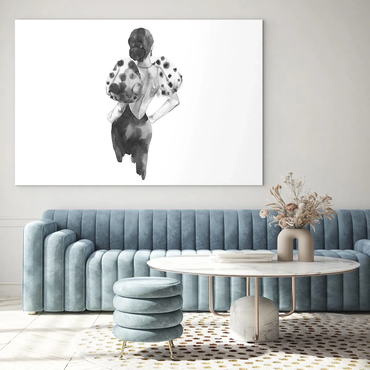 Glasbild - Bild auf glas - Schwarz-weiße Silhouette einer Frau im eleganten Outfit - 120x80cm - Sie ging direkt vorbei - Moderne Wanddekoration für Wohnzimmer und Schlafzimmer ARTTOR