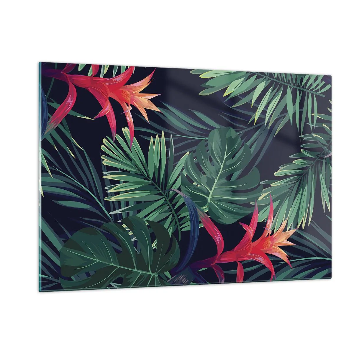 Glasbild - Bild auf glas - Exotische Blätter und Blüten auf dunklem Hintergrund - 120x80cm - Im Grünen in Flammen gehen - Moderne Wanddekoration für Wohnzimmer und Schlafzimmer ARTTOR