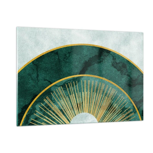 Glasbild - Bild auf glas - Goldene Strahlen vor einem Hintergrund aus grünen Halbkreisen mit Marmorstruktur - 120x80cm - Anderes Sonnensystem - Moderne Wanddekoration für Wohnzimmer und Schlafzimmer ARTTOR