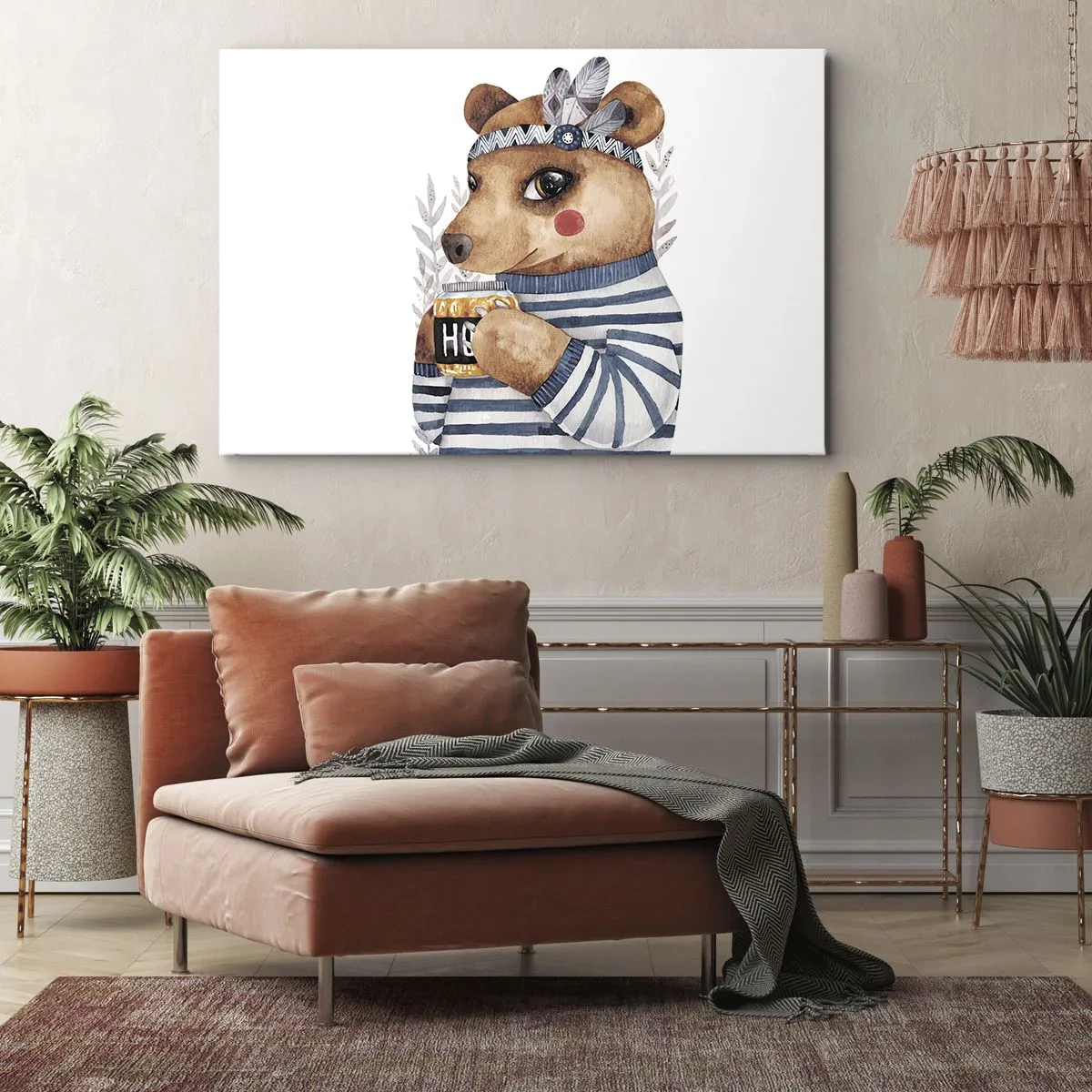 Bild auf Leinwand - Leinwandbild - Ein Teddybär im gestreiften Pullover mit einer Tasse Honig - 70x50cm - Süße Bärin - Moderne Wanddekoration für Wohnzimmer und Schlafzimmer ARTTOR
