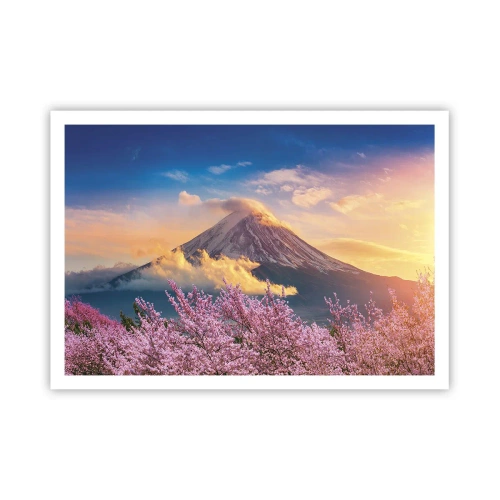 Poster - Mount Fuji mit Kirschblüten im Hintergrund bei Sonnenuntergang - 100x70cm - Japanische Heiligkeit - Moderne Wanddekoration für Wohnzimmer und Schlafzimmer ARTTOR
