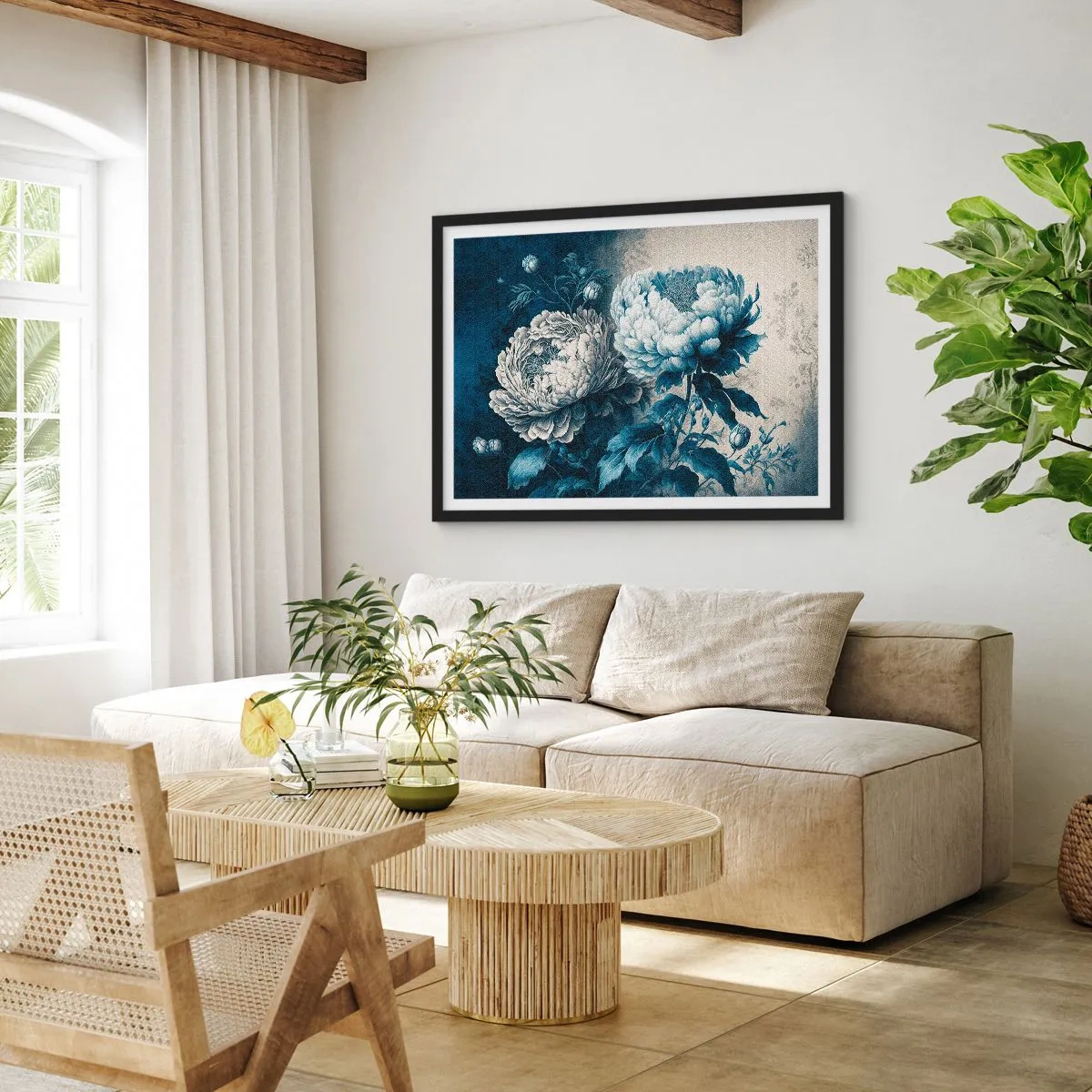 Poster in einem schwarzem Rahmen - Blaue Pfingstrosen auf dezentem Untergrund mit zartem Muster - 70x50cm - Passendes Paar - Moderne Wanddekoration für Wohnzimmer und Schlafzimmer ARTTOR