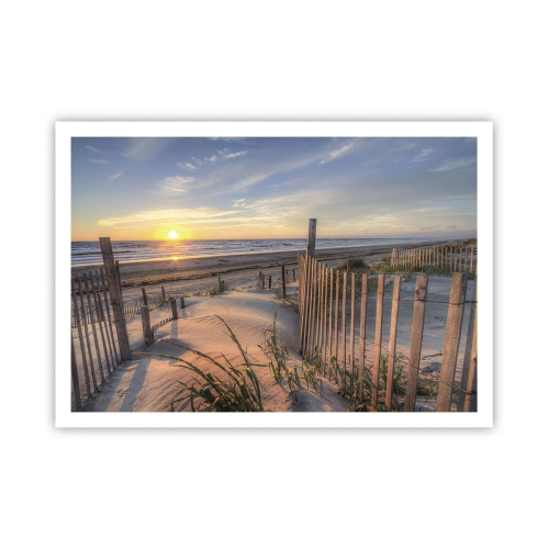 Poster - Sonnenuntergangsstrand mit Holzzaun - 100x70cm - Schein und Schatten des Windes - Moderne Wanddekoration für Wohnzimmer und Schlafzimmer ARTTOR