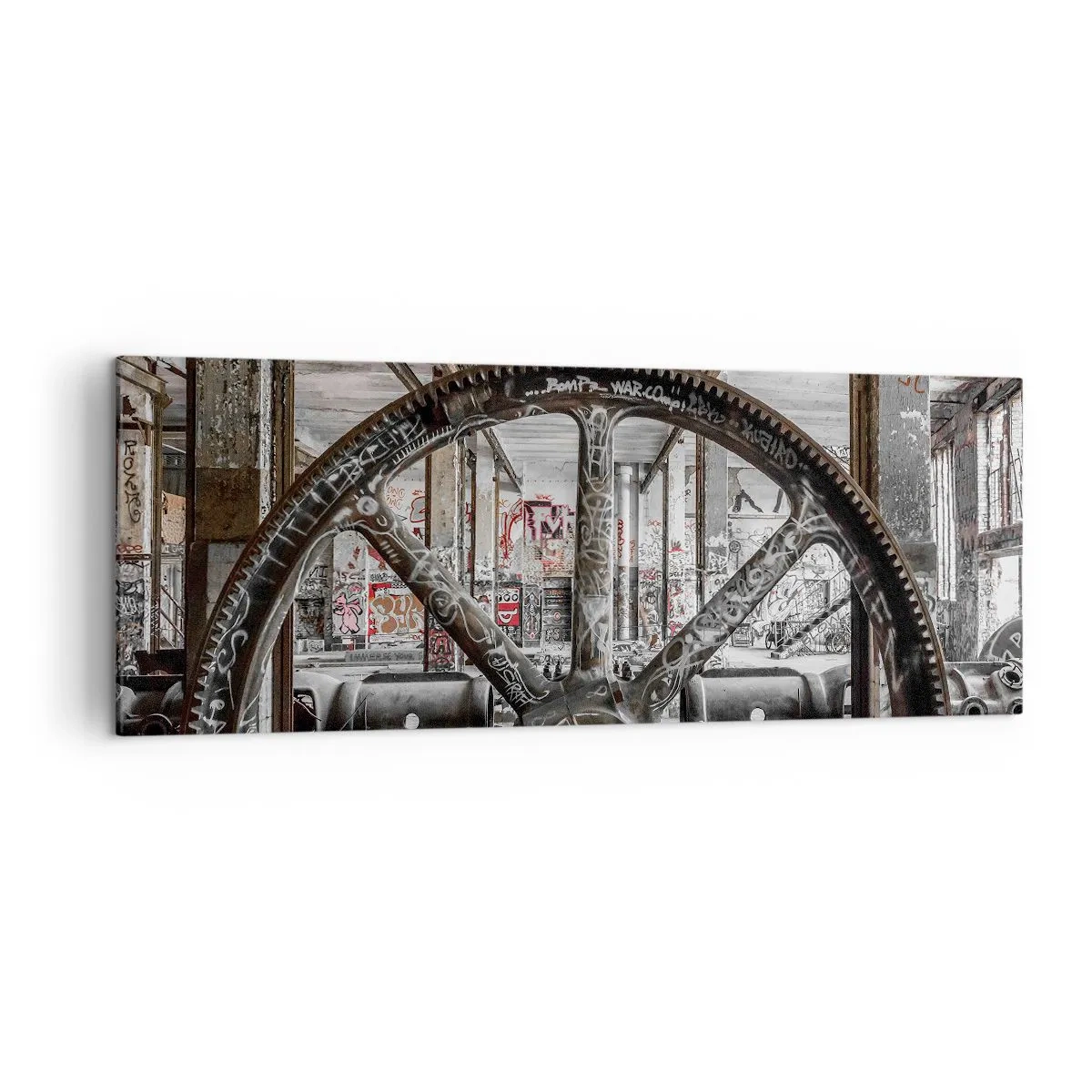 Bild auf Leinwand - Leinwandbild - Ein alter Mechanismus in einem verlassenen Industriegebäude - 140x50cm - Das geheime Leben der Fabrik - Moderne Wanddekoration für Wohnzimmer und Schlafzimmer ARTTOR