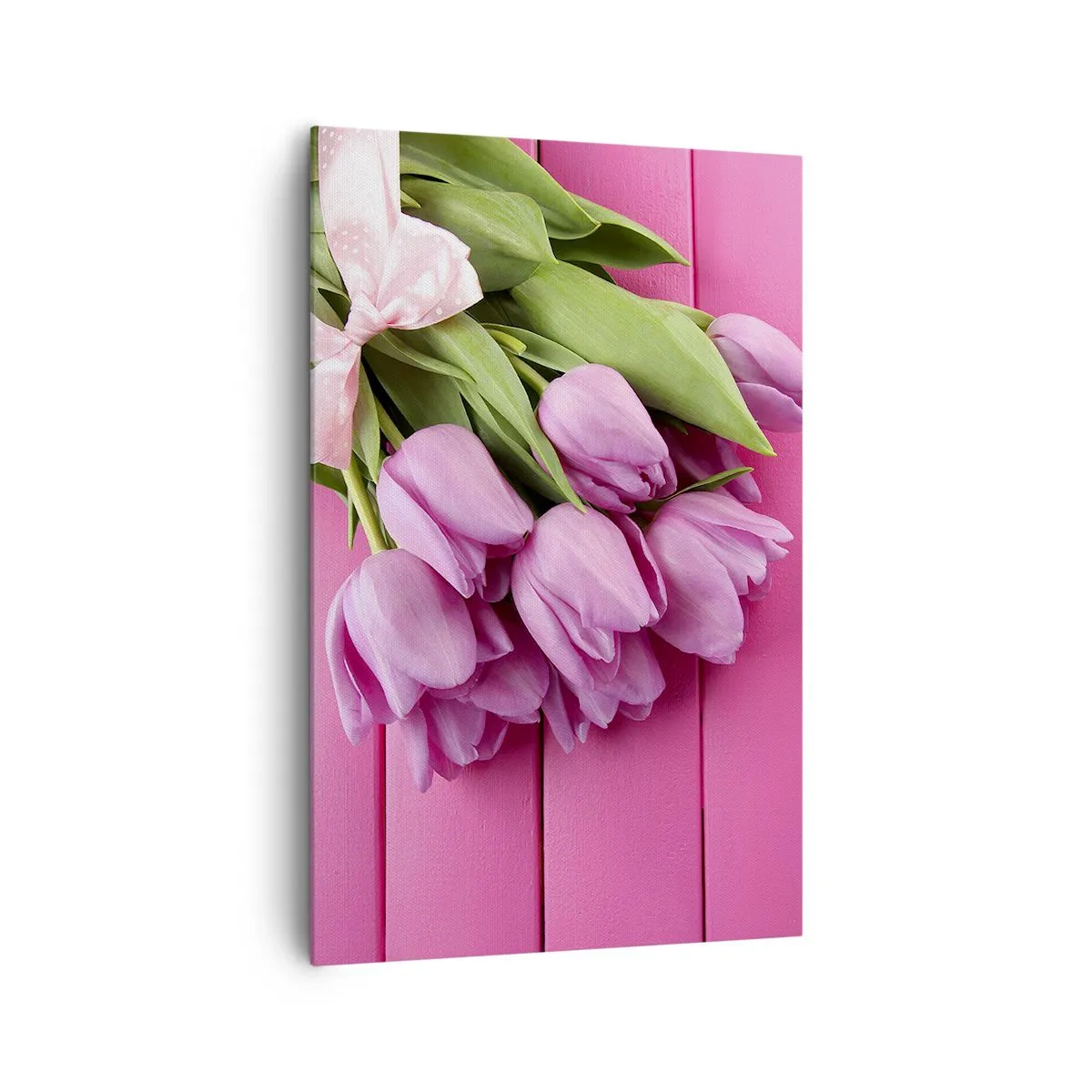 Bild auf Leinwand - Leinwandbild - Ein Strauß rosa Tulpen mit Schleife auf rosa Hintergrund - 80x120cm - Nur für dich - Moderne Wanddekoration für Wohnzimmer und Schlafzimmer ARTTOR