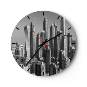 Wanduhr - Glasuhr - Panorama einer modernen Stadt in Schwarzweiß - 30x30cm - Stadt in der Wüste - Moderne Wanddekoration für Wohnzimmer, Küche und Schlafzimmer ARTTOR