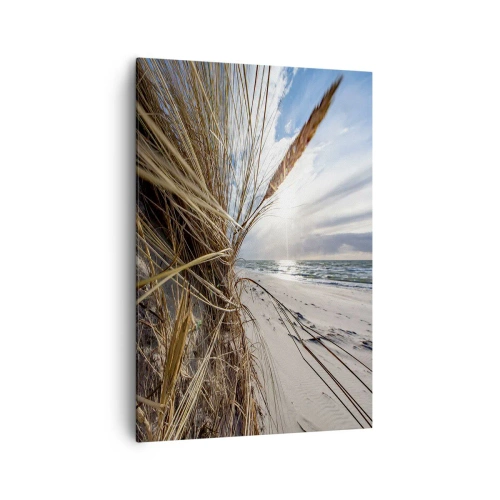 Bild auf Leinwand - Leinwandbild - Ein Strand mit trockenem Gras auf den Dünen und Blick auf das Meer - 70x100cm - Ein Treffen der Elemente der Natur - Moderne Wanddekoration für Wohnzimmer und Schlafzimmer ARTTOR
