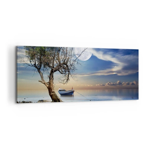 Bild auf Leinwand - Leinwandbild - Ein einsamer Baum und ein Boot auf ruhigem Wasser unter Vollmond. - 120x50cm - Ist das das Ende oder der Anfang? - Moderne Wanddekoration für Wohnzimmer und Schlafzimmer ARTTOR