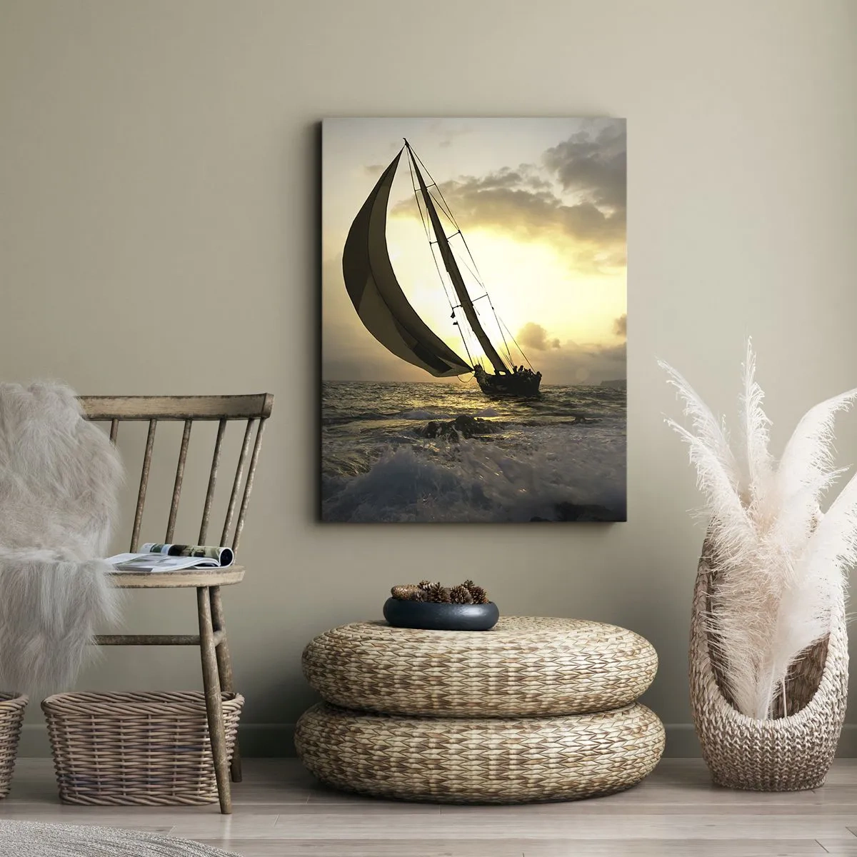 Bild auf Leinwand - Leinwandbild - Segelboote auf See bei Sonnenuntergang - 50x70cm - Mit dem Wind und gegen den Wind - Moderne Wanddekoration für Wohnzimmer und Schlafzimmer ARTTOR