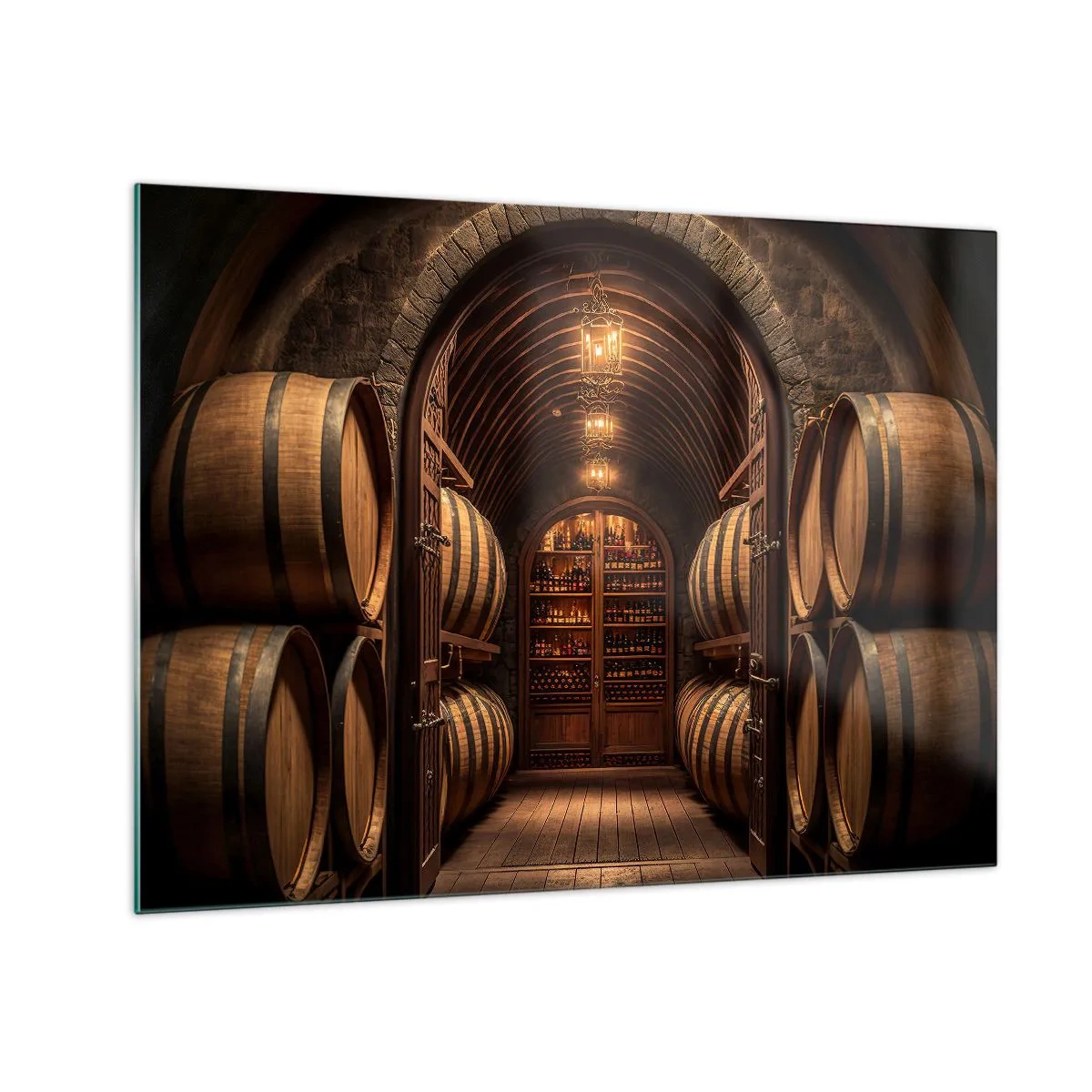 Glasbild - Bild auf glas - Ein Weinberg mit Fässern und einem beleuchteten Keller voller Flaschen - 70x50cm - Stimmungsvoller Keller - Moderne Wanddekoration für Wohnzimmer und Schlafzimmer ARTTOR