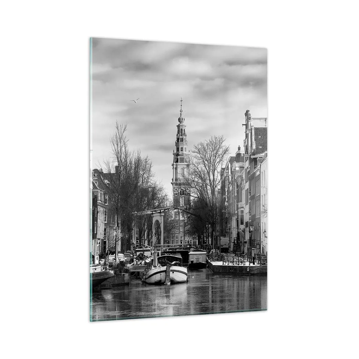 Glasbild - Bild auf glas - Schwarz-Weiß-Ansicht eines Kanals in Amsterdam - 50x70cm - Amsterdamer Atmosphäre - Moderne Wanddekoration für Wohnzimmer und Schlafzimmer ARTTOR