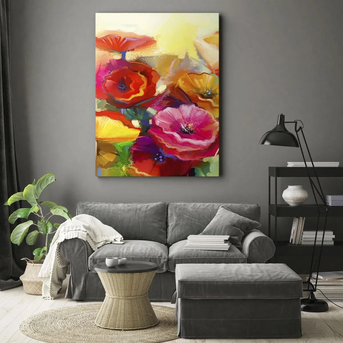 Bild auf Leinwand - Leinwandbild - Bunte abstrakte Blumen auf hellem Hintergrund - 50x70cm - Nicht nur rot - Moderne Wanddekoration für Wohnzimmer und Schlafzimmer ARTTOR