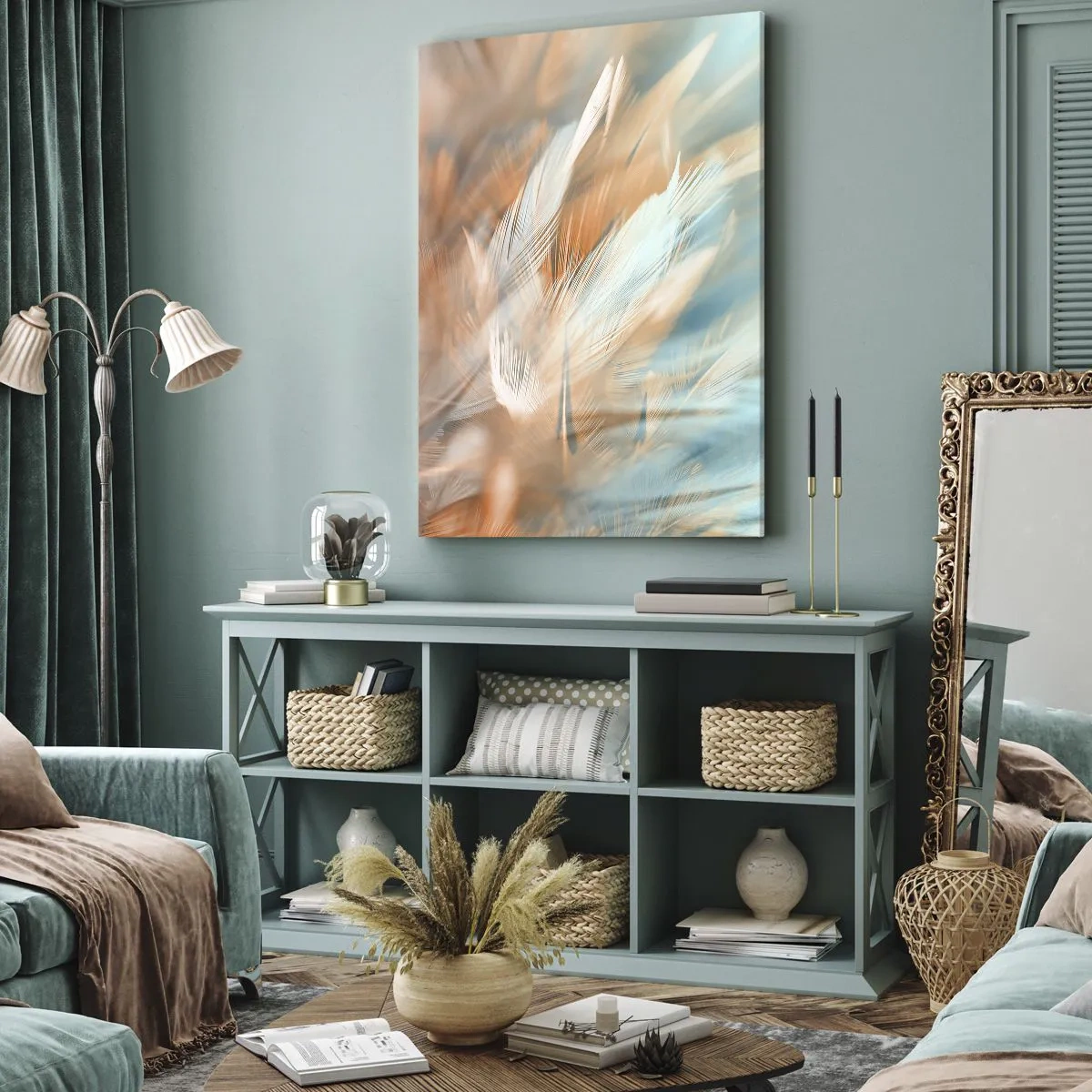 Bild auf Leinwand - Leinwandbild - Zarte Federn in Pastelltönen von Blau und Orange - 70x100cm - Im Land der Sanftmut - Moderne Wanddekoration für Wohnzimmer und Schlafzimmer ARTTOR