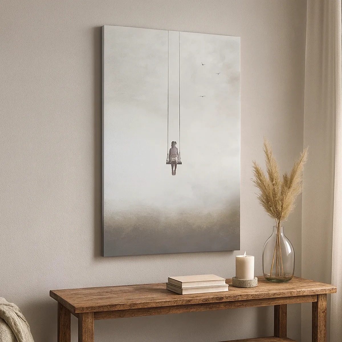 Bild auf Leinwand - Leinwandbild - Eine Figur auf einer Schaukel, die im Raum schwebt - 50x70cm - Ein Kind in uns - Moderne Wanddekoration für Wohnzimmer und Schlafzimmer ARTTOR