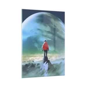 Glasbild - Bild auf glas - Eine Figur in einer roten Jacke vor dem Hintergrund eines riesigen Planeten und Sternen - 50x70cm - Entdecker des neuen Landes - Moderne Wanddekoration für Wohnzimmer und Schlafzimmer ARTTOR
