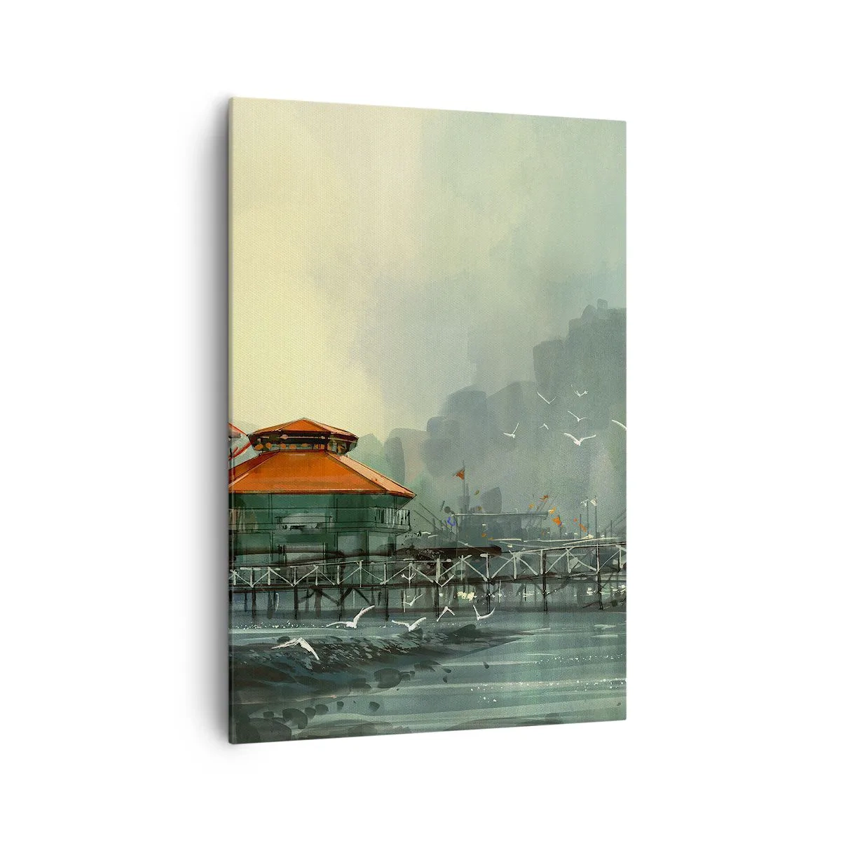 Bild auf Leinwand - Leinwandbild - Hafengebäude in einer regnerischen Landschaft mit Möwen - 70x100cm - Ein sonniger Tag im Hafen - Moderne Wanddekoration für Wohnzimmer und Schlafzimmer ARTTOR