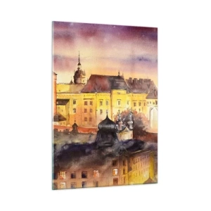 Glasbild - Bild auf glas - Aquarell-Illustration einer Burg auf einem Hügel bei Sonnenuntergang - 50x70cm - Geschichte und Märchen - Moderne Wanddekoration für Wohnzimmer und Schlafzimmer ARTTOR