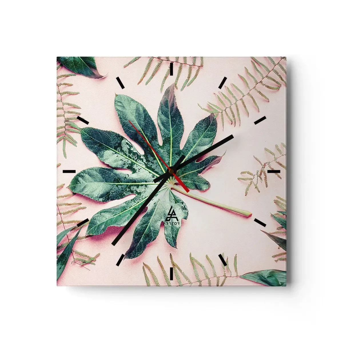 Wanduhr - Glasuhr - Tropische Blätter auf hellem Pastellhintergrund - 30x30cm - Eine Studie von Grün auf einem rosa Hintergrund - Moderne Wanddekoration für Wohnzimmer und Schlafzimmer ARTTOR