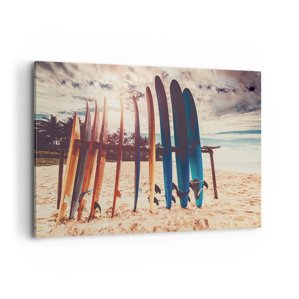 Bild auf Leinwand - Leinwandbild - Surfbretter am Strand bei Sonnenuntergang - 120x80cm - Gute Nacht bis morgen - Moderne Wanddekoration für Wohnzimmer und Schlafzimmer ARTTOR