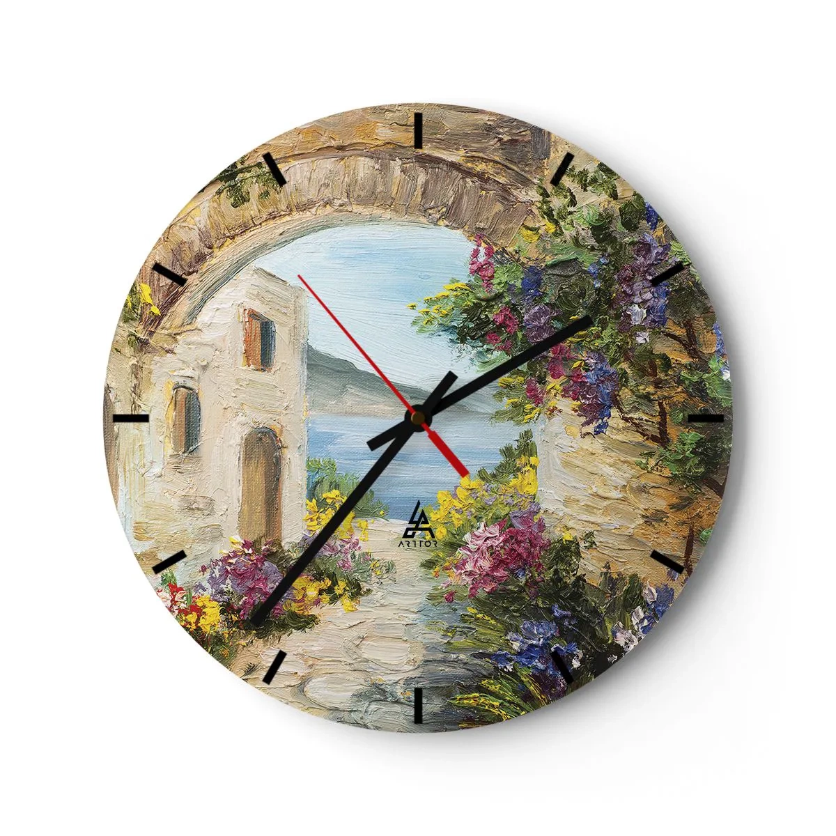 Wanduhr - Glasuhr - Eine stimmungsvolle Straße mit Blumen und Blick aufs Meer - 30x30cm - Charme einer Küstenprovinz - Moderne Wanddekoration für Wohnzimmer, Küche und Schlafzimmer ARTTOR