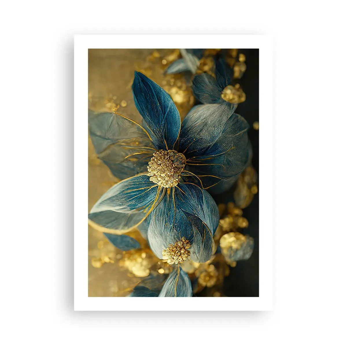 Poster - Gold- und marineblaue Blumen in einer eleganten Komposition - 50x70cm - Mit Gold blühen - Moderne Wanddekoration für Wohnzimmer und Schlafzimmer ARTTOR