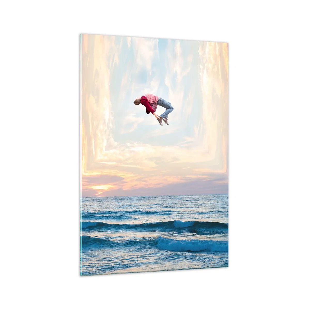 Glasbild - Bild auf glas - Surrealer Sprung über das Meer im Rahmen - 70x100cm - In eine andere Dimension - Moderne Wanddekoration für Wohnzimmer und Schlafzimmer ARTTOR