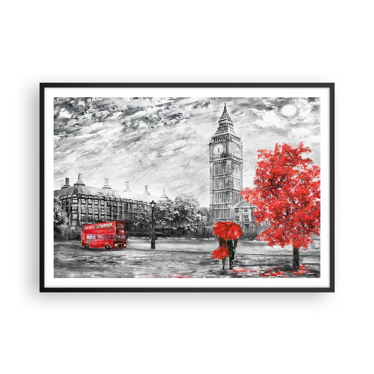 Poster in einem schwarzem Rahmen - Ikonische Ansicht von London mit Big Ben, einem roten Bus und einem Regenschirm - 100x70cm - Ein aufregender Tag - Moderne Wanddekoration für Wohnzimmer und Schlafzimmer ARTTOR