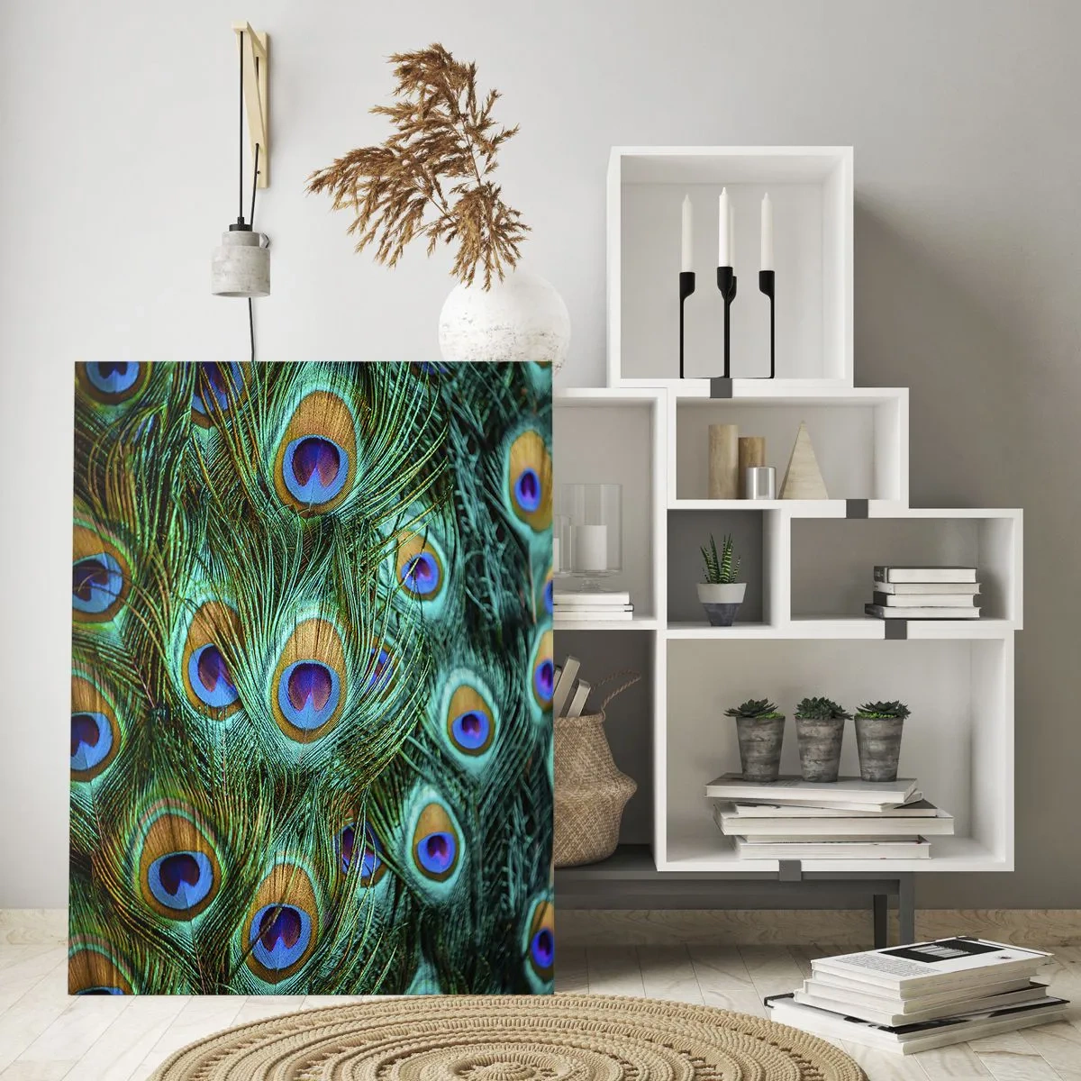 Glasbild - Bild auf glas - Details von Pfauenfedern in satten Farben - 70x100cm - Ein Blick mit Pfauenaugen - Moderne Wanddekoration für Wohnzimmer und Schlafzimmer ARTTOR