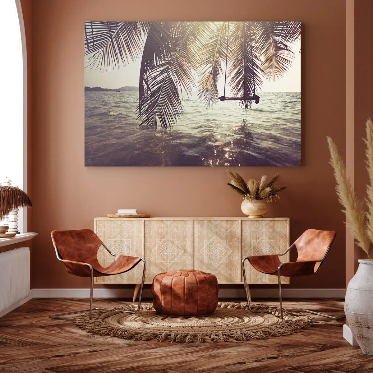 Bild auf Leinwand - Leinwandbild - Palme mit Schaukel über dem Wasser im Sonnenlicht - 100x70cm - Sie können nach Belieben in den Wolken schwingen - Moderne Wanddekoration für Wohnzimmer und Schlafzimmer ARTTOR